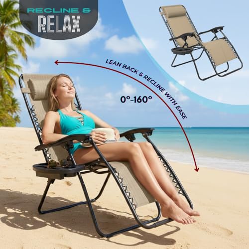 Amazing for less (2-Pack) Zero Gravity Lounge Chair Adjustable Outdoor Reclining Chair Folding Patio Anti-Gravity Indoor Outdoor Lounge Chair w/Pillow, Cup Holder (Two Chairs - Beige) - color: Two Chairs - Beige
