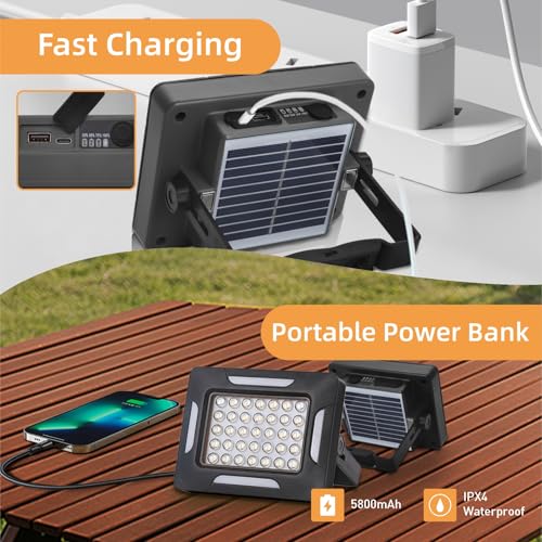 Solar Portable Camping Lights with Strong Magnets, dimmable, Solar Rechargable Camping Lantern, IP67 Waterproof, 5 Light Modes Portable Flood Light, Work Lights for Indoor Outdoor