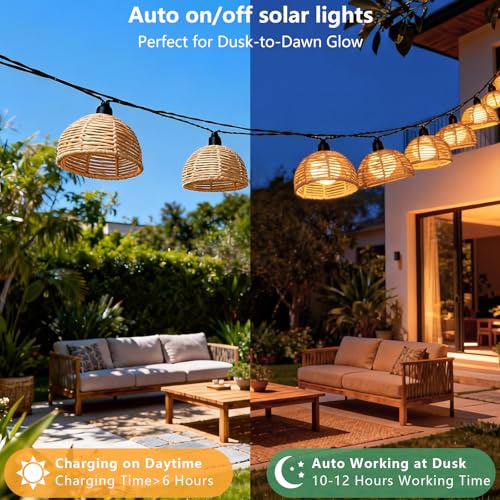 TWINKVILLA Solar Rattan String Lights Outdoor, 16FT 16 LED Half-Globe Hemisphere Wicker Lanterns, IP65 Waterproof Solar Powered Patio Lights, Boho Decorative Hanging Lighting for Garden Porch Wedding
