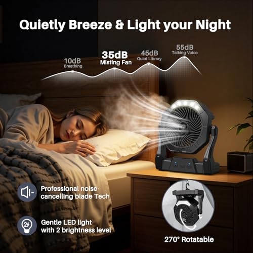 Ausic Portable Misting fan, 8-Inch Cooling Mist Fans, [8-35Hrs] USB Rechargeable Battery Powered Fan with Mister, 250mL Water Tank & LED Lantern, for Home Desk, Bedroom, Office, Outdoor&Indoor Use - color: Black, size: 8-35Hrs Runtime