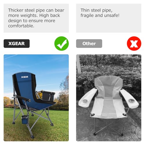 XGEAR Camping Chair with Padded Hard Armrest, Sturdy Folding Camp Chair with Cup Holder, Storage Pockets Carry Bag Included, Support to 400 lbs - color: 1-blue