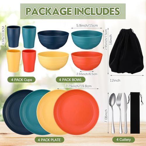 Teenyyou 4 Sets Camping Mess Kits for 4 Person Camping Silverware Set Include Cup, Bowl, Plate, Knife, Spoon, Fork Cutlery Set Unbreakable Wheat Straw Dinnerware Utensils for Travel - color: Bright Color
