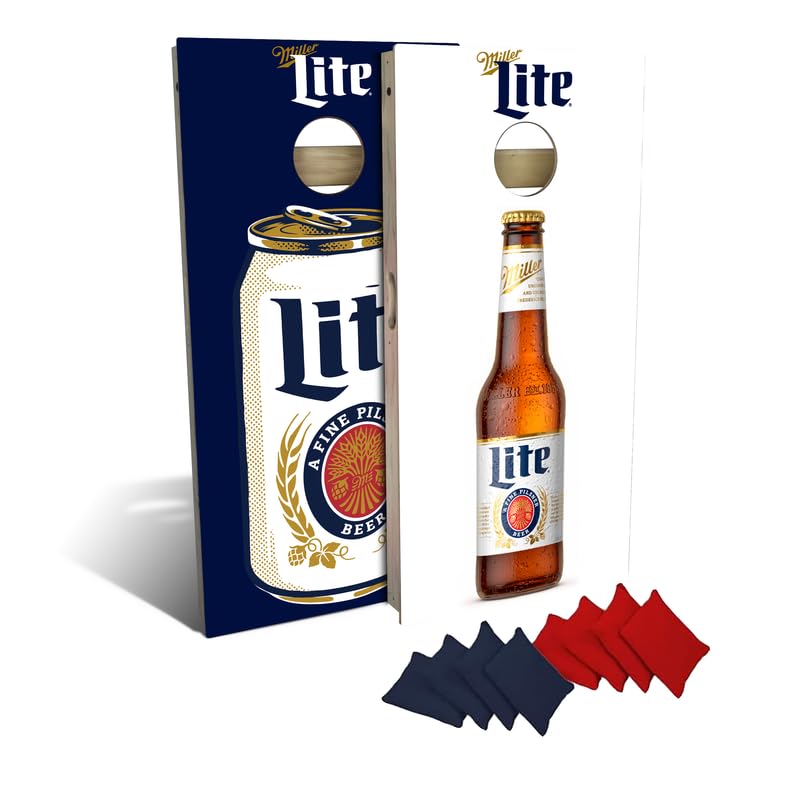Slick Woody's Professional-Grade Cornhole Boards - 4'x2' Solid Wood Regulation Man Cave + Beer Branded Corn Hole Toss Game with 8 Resin Filled Bags - color: Miller Lite Split