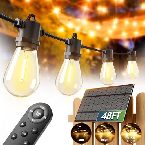 addlon 54FT Solar String Lights Outdoor Waterproof with USB Charging & Remote Control - Dimmable Solar Power Patio Lights with 26 LED Bulbs for Porch, Garden, Yard, Market, Bistro - Lasts 20+ Hrs - size: 48+6FT(24 Sockets)