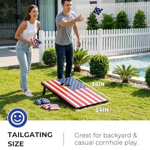 Portable Cornhole Board Set - Premium MDF Wood Corn Hole Game with 8 Regulation Bean Bags, for Backyard, Camping, and Outdoor Tailgating - Choose 3x2' Tailgate or 4x2' Regulation Size - style: 3' x 2' American Flag