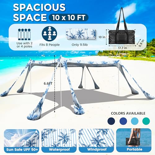 Beach Canopy Beach Tent Pop Up Shade 10x10ft Sun Shelter UPF50+ with 8 Sandbags-2 Sand Shovel-4 Aluminum Poles-Ground Pegs-Portable Carrying Bag for Outdoor Family Camping Fishing Yard Picnic - color: Navy Fronds