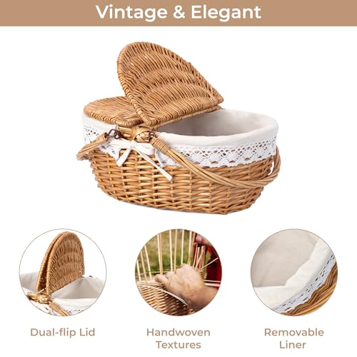 GRANNY SAYS Picnic Basket, Wicker Basket with Lid, Woven Cute Basket with Handle, Storage Basket with Washable Lining & Dual-Flid Lid, Natural Willow Picnic Hamper, White Lining - color: White