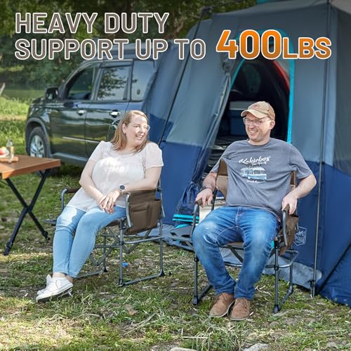 TIMBER RIDGE Aluminum Camping Directors Chair with Side Table Pocket, Portable Folding Chair, Heavy Duty Lawn Chair for Fishing Trip Picnic Concert Outdoor 400lbs, Tan 2 Pack - color: Tan-2 Set, style: Standard
