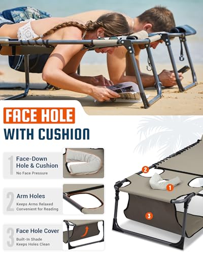 KingCamp Lounge Chair with face Hole & Canopy Shade, 400LBS Folding Portable Tanning Chair with face Hole, Adjustable 5-Position Foldable Beach Sun Tanning Chair for Outside Beach Patio Outdoor Pool - color: C*skyshade Canopy——beige Canopy, style: 400lbs&