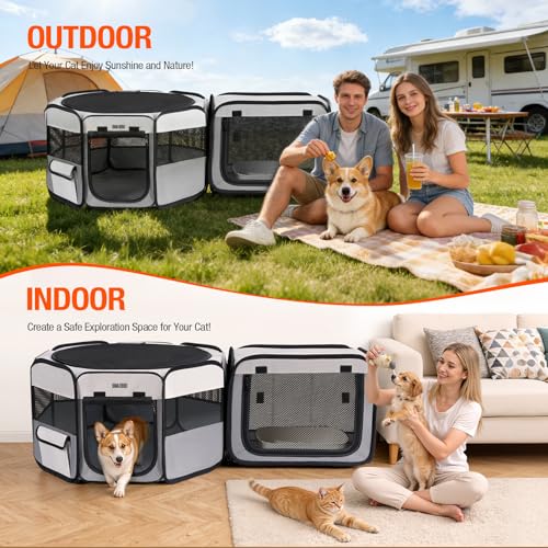 2-in-1 Portable Cat Playpen, [48 * 26 * 26in] Large Pet Playpen with Detachable Litter Box Enclosure Playpen, Pop-Up Indoor/Outdoor Puppy Kennel for Cats/Small Dogs/Rabbits, Foldable with Carry Bag