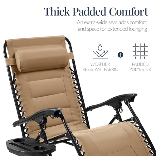 Best Choice Products Oversized Padded Zero Gravity Chair, Folding Outdoor Patio Recliner, XL Anti Gravity Lounger for Backyard w/Headrest, Cup Holder, Side Tray, Polyester Mesh - Beige - color: Beige
