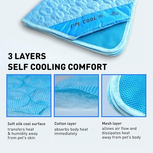 INSPECTOR TAIL Dog Cooling Mat - No Freeze Needed, Self-Cooling Pad for Medium Dogs, Washable Portable for Crate Kennel Car Sofa Bed Floor, Indoor Outdoor Summer Use, 28"x22" with Carry Bag - size: Blue- 27.55" X 22.04"