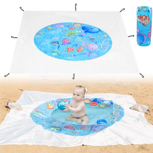 Portable Square Baby Beach Pool, 6.5 X 6.5 Feet Marine Cartoon Animals Toddler Puddle Pool Blue 2 in 1 Childs Beach Blanket and Kiddie Pools Flexible Kids Beach Pools with Carrying Bag for Boys Girls - size: Ocean Theme Diameter 2m / 6.5ft