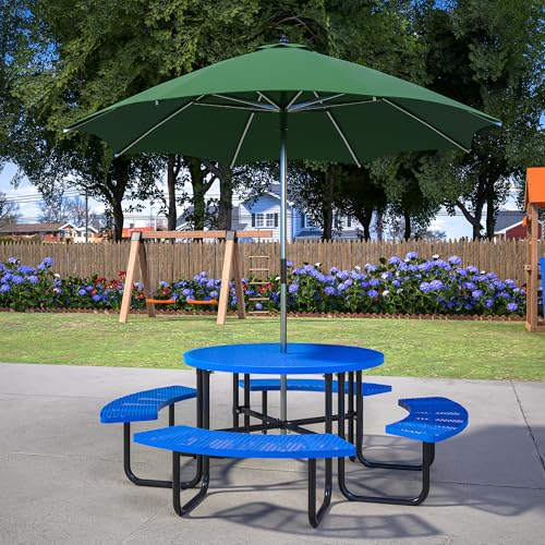 46-inch Blue Round Outdoor Picnic Table with Umbrella Hole Heavy Duty Coated Steel Metal Patio Dining Set for Garden, Courtyard, BBQ & Commercial Use - color: Blue-round