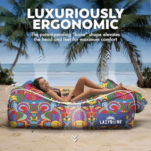 Chillbo Inflatable Couch – Unique Designs - No-Pump Setup, Ripstop Polyester, Stability Pegs, Fun Prints - Portable Air Inflatable Lounger for Beach, Camping, Festivals, and Tailgating - color: 60s Psychedelic, size: X-Large