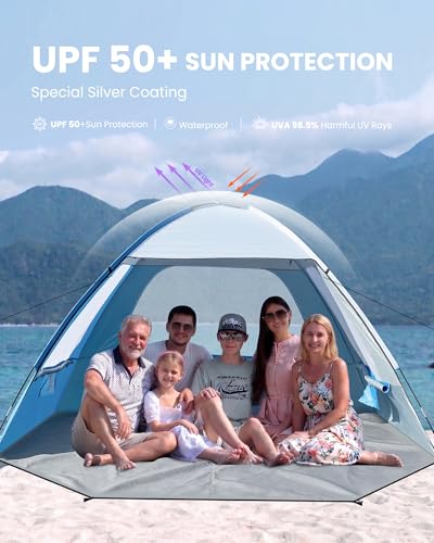 OutdoorMaster Beach Tent for 3/4/6/8 Person - Easy Setup Sun Shade Shelter, Portable Beach Shade Sun Canopy with UPF 50+ UV Protection, Removable Skylight Family Size - color: Icy Blue, size: 6 Person