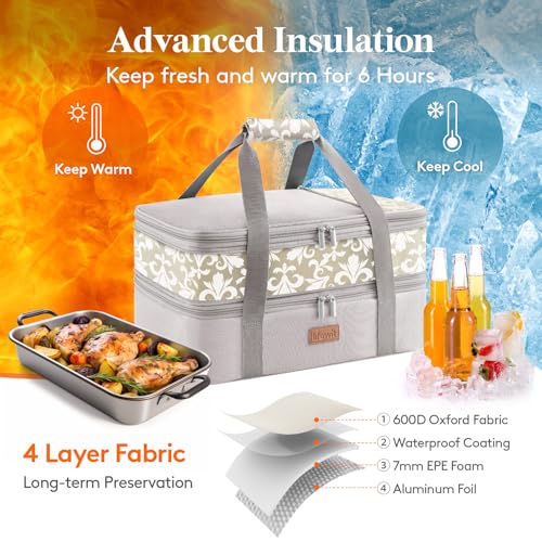 Lifewit Insulated Double Decker Casserole Carrier, Expandable Lasagna Lugger Tote Bag for Hot or Cold Food, Fits 9" x 13" Baking Dish for Potluck Parties, Picnic and Cookouts, Grey-Flowers - color: Grey-Flowers