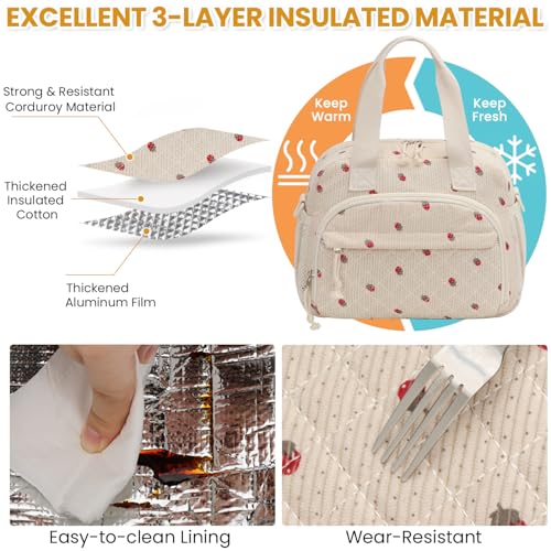 ELONGRIVER Corduroy Insulated Lunch Bag for Women Teen Girls, Portable Adult Lunch Box, Reusable Tote Cooler Bags, Lightweight Womens Lunch Bags with Front Pockets Work Picnic Travel, Beige Strawberry - color: Beige Strawberry