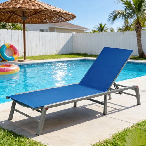 Kozyard Outdoor Foldable Lounge Chair, Aluminum Frame Patio Lounger with 5-Position Adjustable Backrest, Breathable Textilene Fabric, Assemble-Free, Reclining Full-Flat Poolside(Blue) - color: Blue