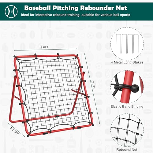 LIANTRAL Baseball Rebounder Net, Adjustable Bounce Back Trainer for Soccer, Volleyball, Softball & Lacrosse, Portable Folding Rebounder for Passing & Shooting Practice, Volleyball Rebound Net - color: Red, size: 2.6FTx2.9FT