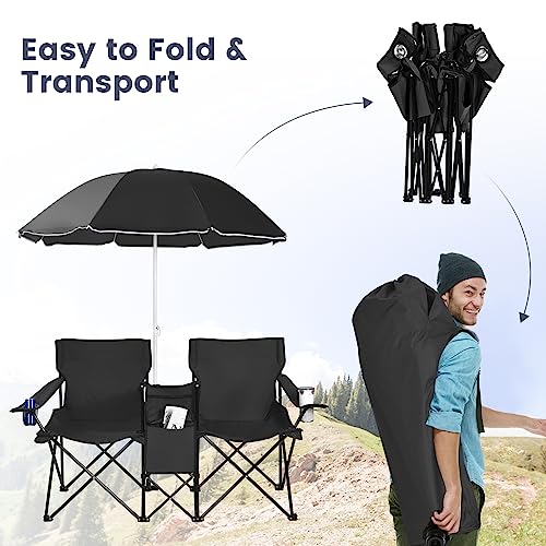 Double Camping Chair, 2-Person Portable Beach Chair w/Removable Umbrella, Cup Holders & Carrying Bag, Folding Loveseat Chairs for Adults Outdoor Picnic (Black) - color: Black