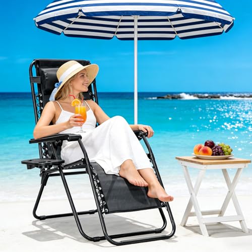 Zero Gravity Chair, Adjustable Lounge Chair, Outdoor Recliner, Folding Anti Gravity Lounge Chairs, Lawn Chairs Reclining with Pillow & Cup Holder for Pool Camping Sunbathing Beach Patio (Black) - color: Jet Black, size: 1pc