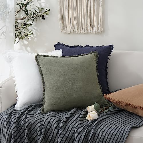 Foindtower Decorative Linen Fringe Throw Pillow Covers Cozy Boho Farmhouse Cushion Cover with Tassels Soft Accent Pillowcase for Chair Sofa Bed Living Room Home Decor, 16×16 Inch, 1PC, Olive Green - color: Olive Green, size: 16" x 16" (Pack of 1)