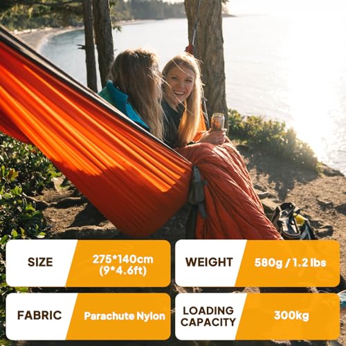 NATUREFUN Ultra-Light Travel Camping Hammock | 300kg Load Capacity,Breathable,Quick-Drying | 2 x Premium Carabiners,2 x Nylon Slings Included | Outdoor Indoor Garden - color: Orange/Grey, size: 275x140cm