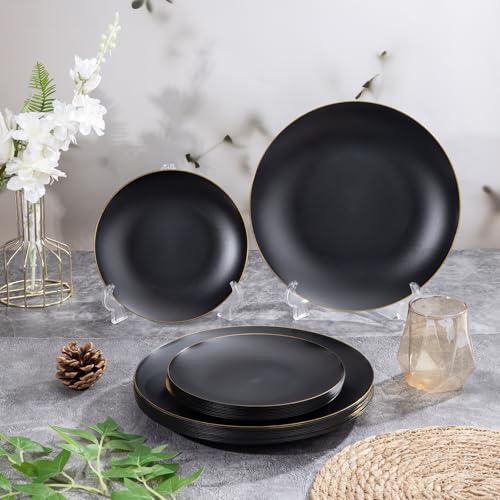 EI enjonirinjonir 80pcs Black and Gold Dinner Plates Disposable 10.25inch,Plastic Party Plates with Gold Rim,Black Plastic Matte plate Frosted Disposable Heavy Duty,Elegant for Wedding/Tea Party - color: Black and Gold Frosted Plastic Dinner Plates