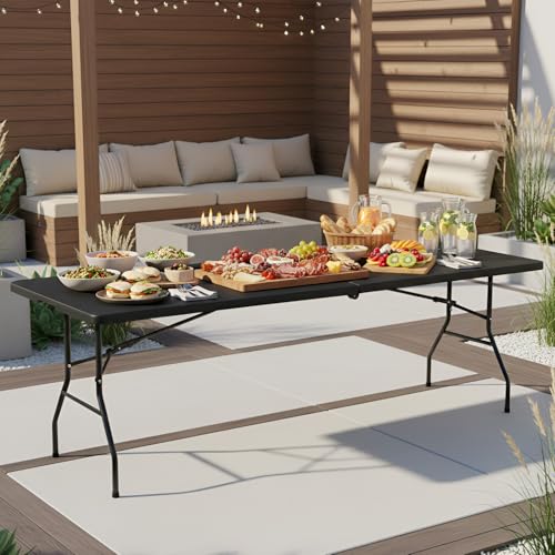 PayLessHere Folding Table Plastic Picnic Table for Parties Wedding Camping Office with Carrying Handle (Black, 8 FT) - color: Black, size: 8 FT