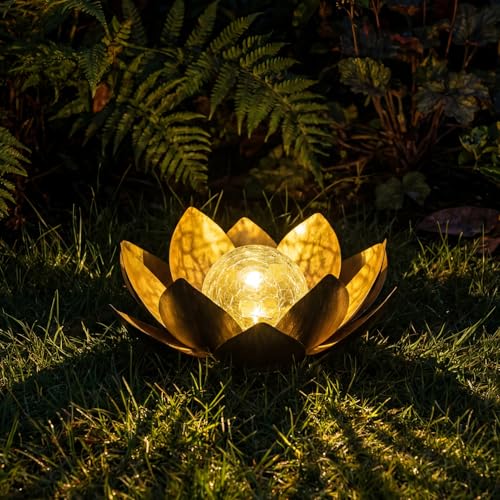 MEBRUDY Solar Lights Outdoor Garden Decor, Bright Globe Glass Lotus Flower Lamp, IP44 Waterproof Gold Metal Lotus LED Lights for Patio, Yard, Lawn, Tabletop Outside Decor, Garden Gifts for Mom Women - color: Gold