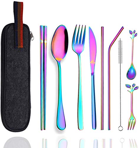 Travel Utensils Set with Case Reusable Stainless Steel Silverware Flatware Set 9 Pcs Portable Cutlery Eating Utensils Set for Lunch Boxes Workplace Camping School, Dishwasher Safe (Multi) - color: Multi Cutlery Set