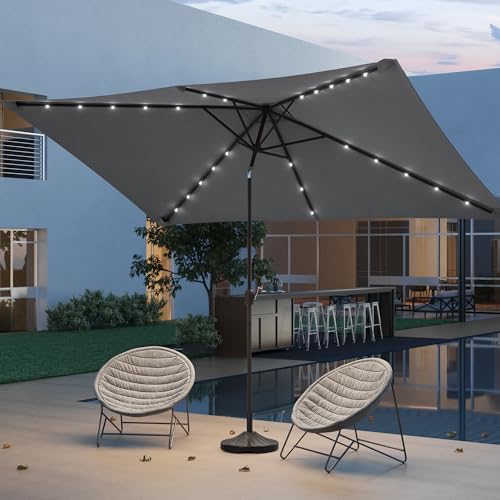 Rectangle Patio Umbrella with Solar Lights, 10 x 6.5ft Rectangular Outdoor Umbrella Table Market Patio Umbrella with Push Button Tilt and Crank for Garden, Deck, Backyard, Pool - color: Anthracite