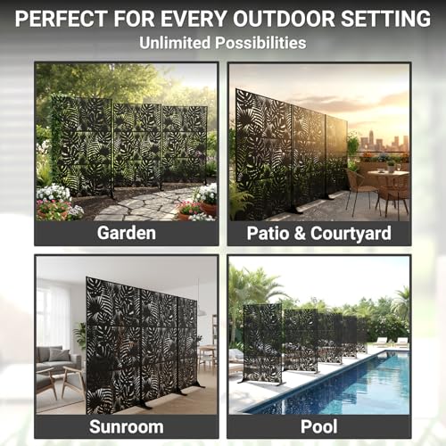 Metal Privacy Screen Outdoor – 72in Decorative Laser Cut Steel Garden Divider Panel with Tropical Leaf Design, Weatherproof Freestanding Modern Privacy Fence for Patio, Deck, Backyard & Balcony - color: Black & Tropical Plants
