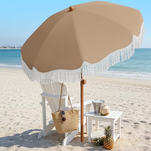 AreShark 7ft Patio Umbrella with Fringe, UPF50+ Beach Umbrella for Table, Pool & Garden, Portable Outdoor Tassels Umbrella w/Fiberglass Ribs&Push Bottom Tilt(Beige) - color: Beige, size: 7FT