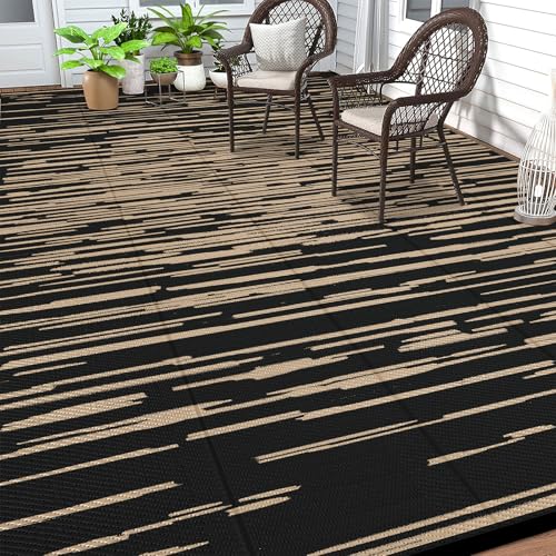 HEBE Outdoor Rug 9'x12' for Patios Clearance, Waterproof Reversible Plastic Straw Rug Camping Mat, Indoor Outdoor Area Rugs Carpet for Deck, Porch, RV, Picnic, Balcony - color: Stripe/Black, size: 9' x 12' (Rectangular)