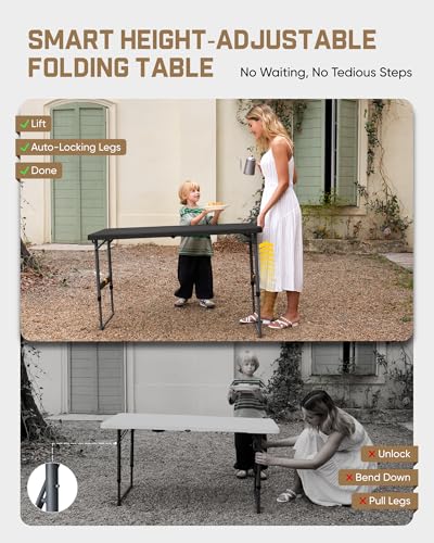 FanttikOutdoor Folding Table 4 Foot, Effortless Quick Adjustable Height Foldable Small Card Table, Fixing Lock, Stable for Party Dining Events Picnic Indoor Outdoor Camping, 2-Pack, Zeta X4 Pro Black - color: Black