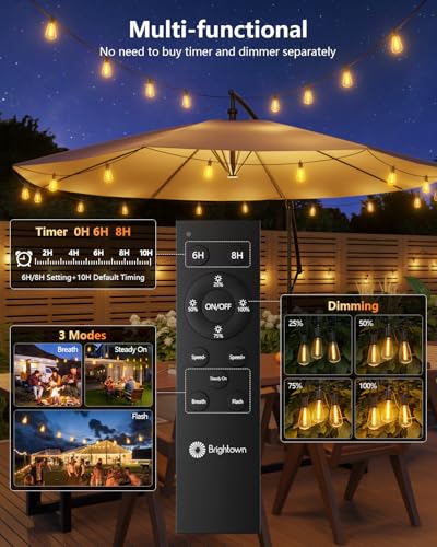 Brightown 100FT Solar String Lights Outdoor Waterproof with Remote, 31+2 LED Shatterproof Bulbs, Dimmable & Timable, 3 Light Modes - Commercial Grade Patio Lights for Garden Backyard Party Decor - size: 100ft(31 Sockets)