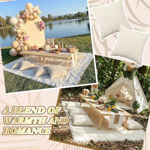 Beeveer Extra Large Outdoor Boho Picnic Blanket 91'' x 71'' Cream White Table Runner 6 Throw Pillow Cover Woven Cotton Yarn Oversize Beach Blanket Washable for Picnic Camp Wedding - color: Cream White, size: Fit 4-6 People 91'' X 71''