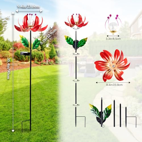 Solar Lights Outdoor Wind Spinners, Metal Lotus Flower Garden Decor with Waterproof LED Crackle Glass Globe for Patio Lawn Yard Outdoor Decor - color: Red
