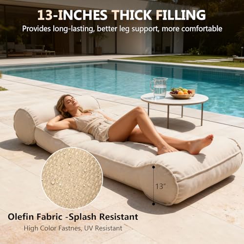 Dineli 83'' Outdoor Chaise Lounge Chair Patio Lounger for Outside, Pool Lounge Chairs Lazy Floor Lounger Meditation & Yoga Chair Waterproof Sunbed Outdoor Lounge Furniture for Garden Beach, Beige - color: Beige, 83'' Length