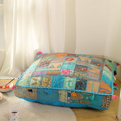 THE ART BOX 35" X 35" Large Boxed Shaped Premium Hypoallergenic Square Stuffer Best for Meditation Floor Pillow Cover, Mandala Ottoman Cushion, Dog Beds, Lounger, Pet Beds - color: Turquoise