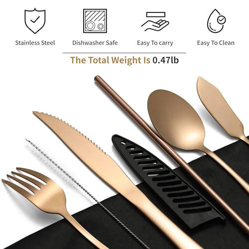 Travel Utensils with Case, Portable Silverware Set Stainless Steel Lunch Box Travel Cutlery Set for Work, Camping, Picnic, Hiking, Office (Rose Gold) - color: Rose Gold