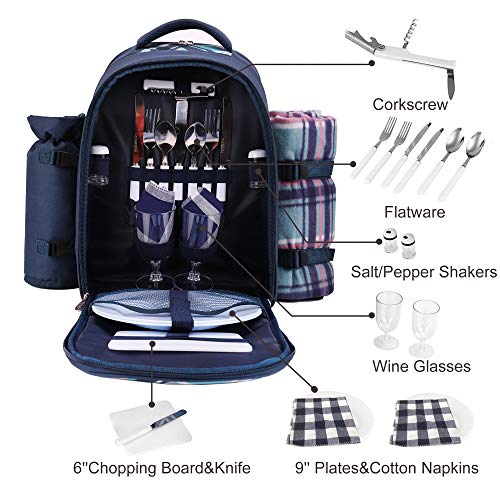 Apollo Walker Picnic Backpack Bag for 2 Person with Cooler Compartment, Detachable Bottle/Wine Holder, Fleece Blanket, Plates and Cutlery (Blue) - color: Blue, size: 2 Person