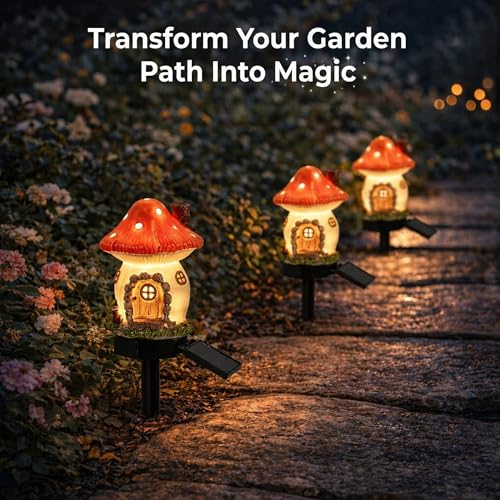Solar Mushroom House Lights Outdoor, 2 Pack Waterproof Decorative Fairy Garden Pathway Lights, Hand-Painted Resin Storybook Cottage Decor for Yard Lawn Walkway Patio, Unique Gift for Garden Lovers - style: Mushroom House