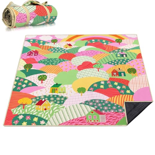 Picnic Blankets Waterproof Extra Large, 80"x 80" Outdoor Beach Blanket Sandproof Oversized Foldable Lightweight Portable 3-Layer Camping Mat for Parks,Hiking,Travel,Music Festival(Sweet Home) - color: Multicolored Sweet Home, size: 6'8" x 6'8" (Square)