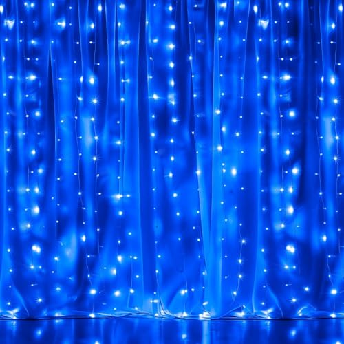 Dazzle Bright 300 LED Curtain String Lights, Christmas Fairy Lights for Bedroom with 8 Lighting Modes, Connectable Waterproof Window Lights Party Wedding Garden Wall Decor, Blue - color: Blue