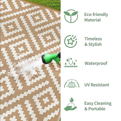 GENIMO Outdoor Rug for Patio Clearance, 6'x9' Waterproof Camping Mat, Reversible Plastic Straw Rugs for RV, Camper, Balcony, Backyard, Picnic, Deck (Brown & White) - color: Brown&white, size: 6' x 9' (Rectangular)