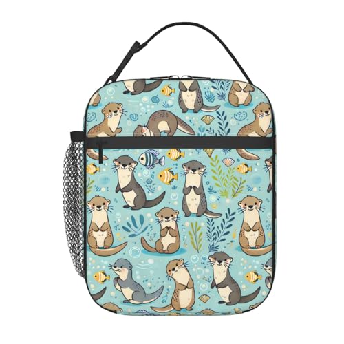 Reusable Otter and Fish Lunch Box for Kids Girls Boys Women Adult, Insulated Cute Marine Life Lunch Bag,Polyester Cooler Handbags Case for School Picnic Work Travel Outdoor Beach or Hiking - color: Otter 02