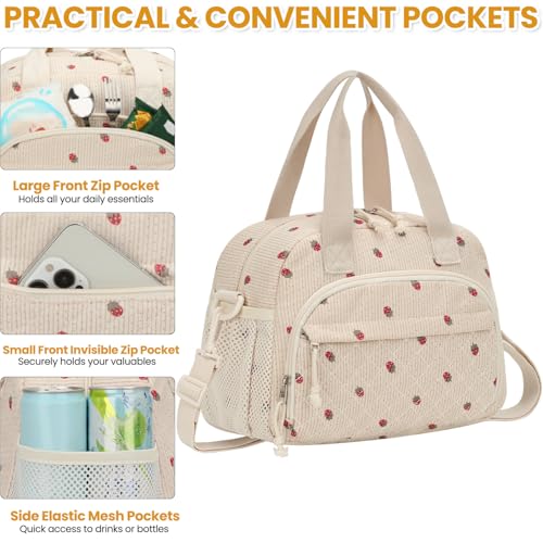 ELONGRIVER Corduroy Insulated Lunch Bag for Women Teen Girls, Portable Adult Lunch Box, Reusable Tote Cooler Bags, Lightweight Womens Lunch Bags with Front Pockets Work Picnic Travel, Beige Strawberry - color: Beige Strawberry